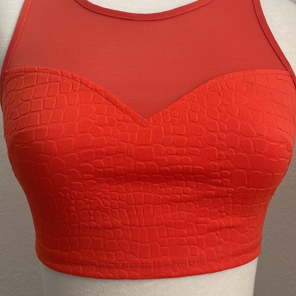 2B BEBE orange animal embossed sweetheart neck mesh crop top with keyhole in XS - Picture 8 of 11